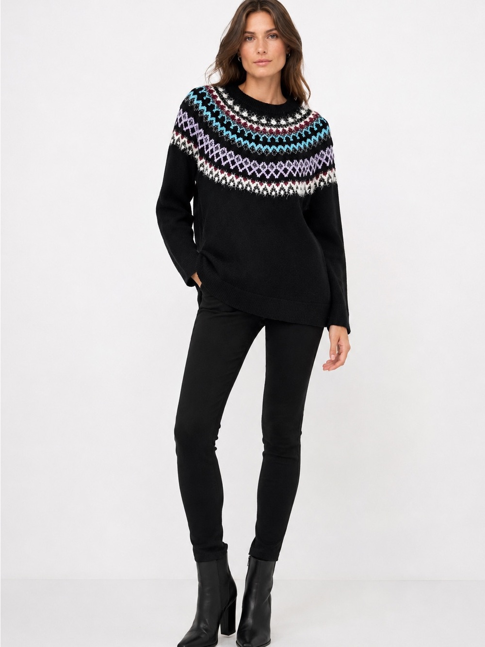 J. Jill cotton blend Black Fair Isle Yoke Crewneck Sweater Blue Purple M
